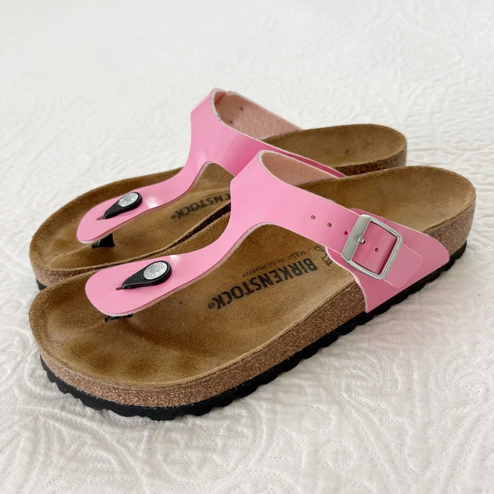 Birkenstock Patent Birkoflor Gizeh Sandals, Candy Pink SZ 38 US 7‎
